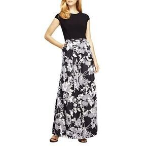 NWT Alex Evenings Floral Print Long Maxi Dress Pockets Size 10 Black White Event